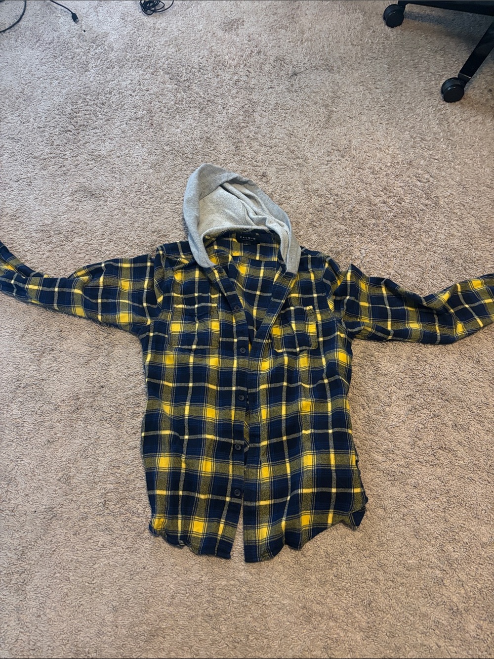 Men’s Large Yellow & Navy Plaid Hooded Flannel Shirt